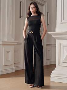 Anewsta Spring/Summer New Elastic Mesh Patchwork Knit Fabric Off-Shoulder Skin-Friendly Slimming Design Minimalist Versatile Elegant Women's Bodysuit - Black - View 7
