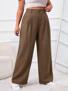 SHEIN PETITE CURVE 大码纯色褶裥腰带宽松西装裤 - 棕色 - 查看 5