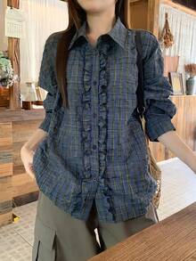 DAZY Women's Casual Vintage Blue Plaid Long Sleeve Loose Fit Shirt With Collar, Ruffle Trim And Button Decor Cute Tops - Green - View 1