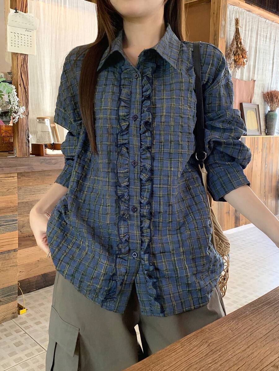 DAZY Women's Casual Vintage Blue Plaid Long Sleeve Loose Fit Shirt With Collar, Ruffle Trim And Button Decor Cute Tops - Green - View 1