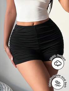 SHEIN SXY 女款素色百褶休閒百搭日常短褲 - 黑色 - 查看 5