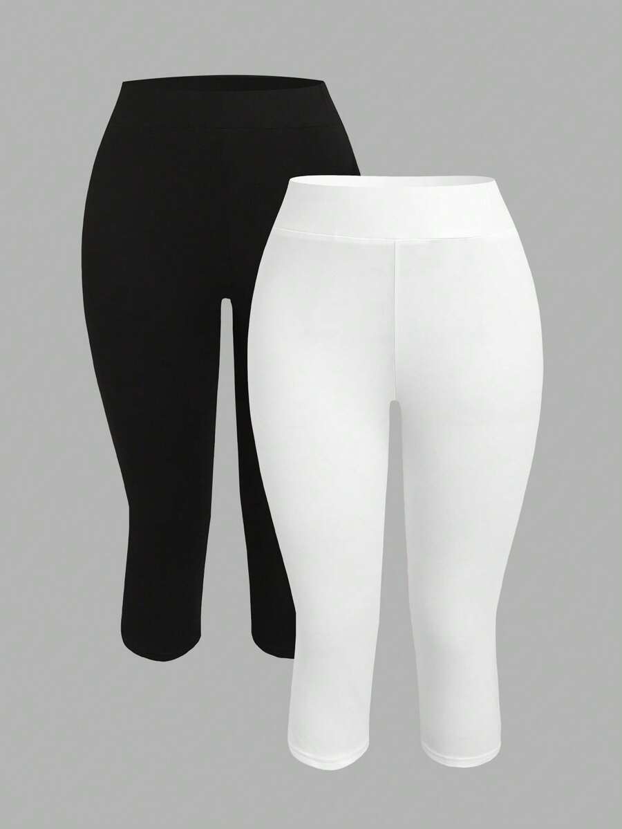 SHEIN Girlism 青少年女孩 2件組黑色與灰色七分緊身休閒內搭褲,適合夏季與秋季 - 黑與白 - 查看 1