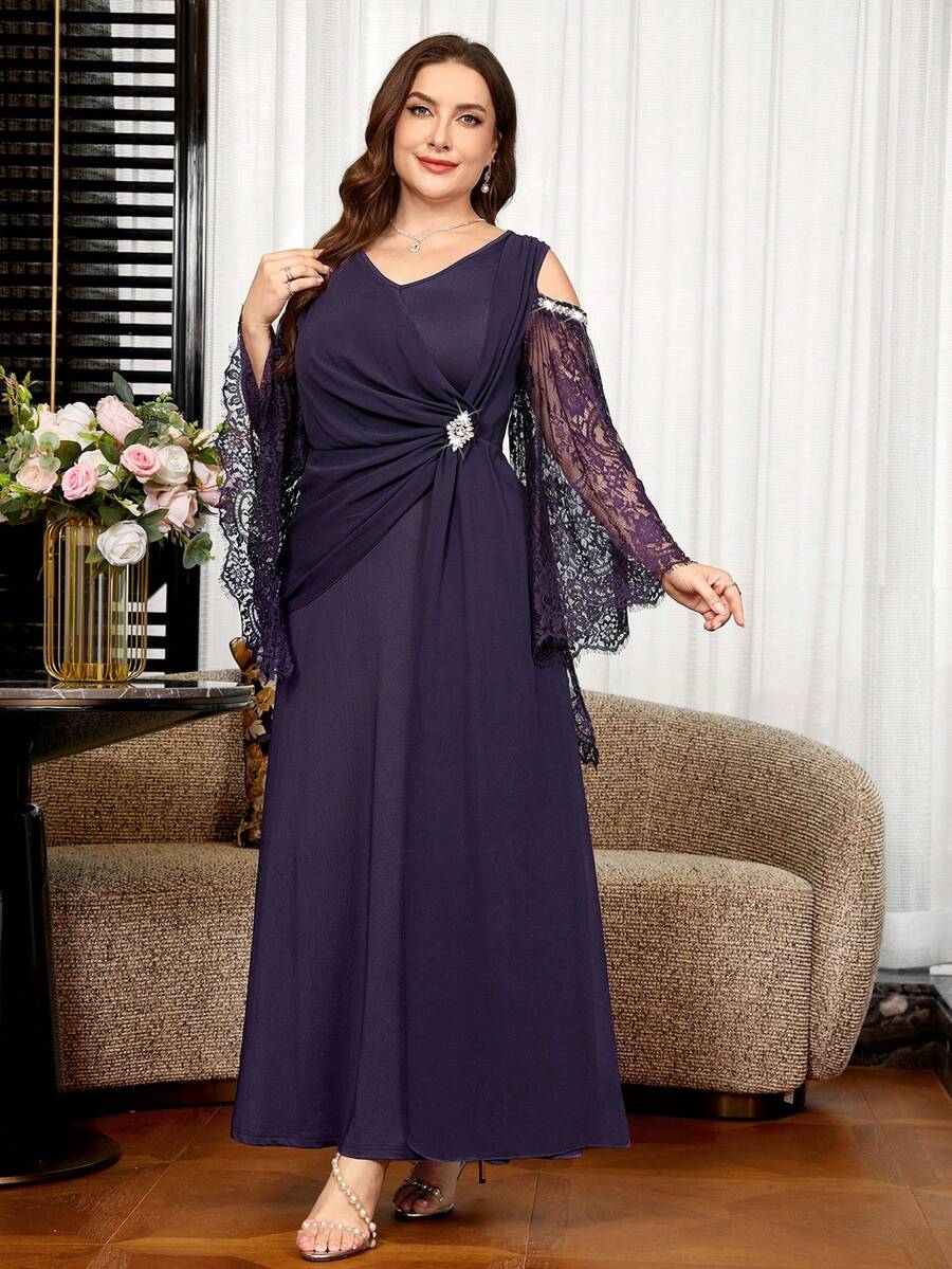 Reflora Vestido elegante de talla grande con hebilla de strass, plisado y patchwork de encaje