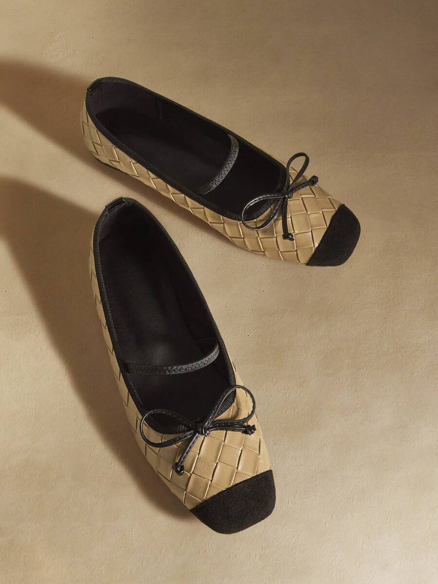 Rosivie 女士平底鞋四季新款,立体可爱蝴蝶结方头设计,舒适简约,适合度假,女士平底鞋,通勤必备,休闲百搭 - 卡其色 - 查看 1