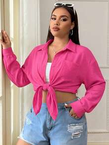 SHEIN EZwear 玫瑰紅休閒大尺碼女款襯衫 - 玫紅色 - 查看 3