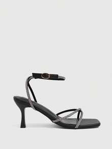 CUCCOO SZL Women's 7CM Square Toe Kitten Heel Rhinestone Cross Strap Black High Heels, Easy To Wear, Sexy, Versatile, Elegant Stiletto Pumps For Daily Commute, Beach, Party - Black - View 2