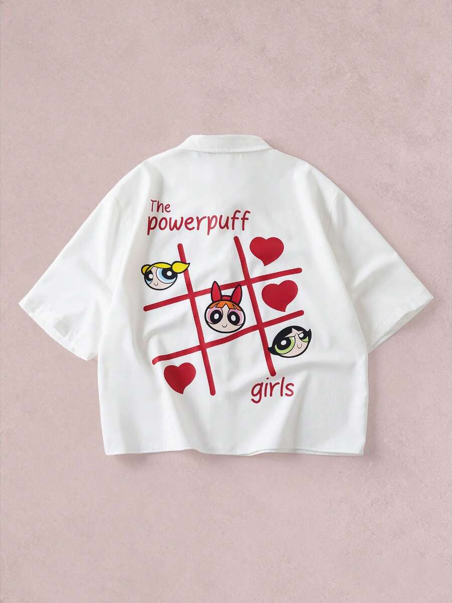 THE POWERPUFF GIRLS X SHEIN Men's Summer Casual Cartoon Print Shirt - White - View 1