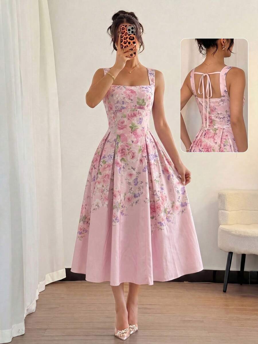 Modelyn 女士杏色梭织图案数码印花系带A字中长连衣裙,优雅浪漫,春夏款 - 粉色 - 查看 1