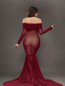Cheriluna Maternity Gaun Fotografi Kehamilan, Gaun Maxi Tulle Lengan Panjang Tanpa Bahu dengan Potongan Pas Badan dan Hem Ekstra Panjang - Burgundy - View 2