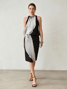 MOTF PREMIUM CONTRAST COLOR RUFFLE SLEEVELESS TOP AND SKIRT 2 PIECES SET - Black - View 6