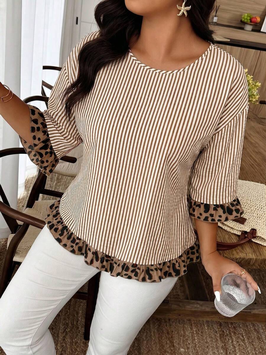 Weeklong Plus Size Women's Spring/Summer Leopard Print & Striped Colorblock Mid-Sleeve Ruffle Hem Casual Vacation Shirt Fall - Multicolor - View 1