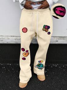 PAVTROS Men's Smiling Face Graphic Drawstring Waist Casual Sweatpants - Apricot - View 1