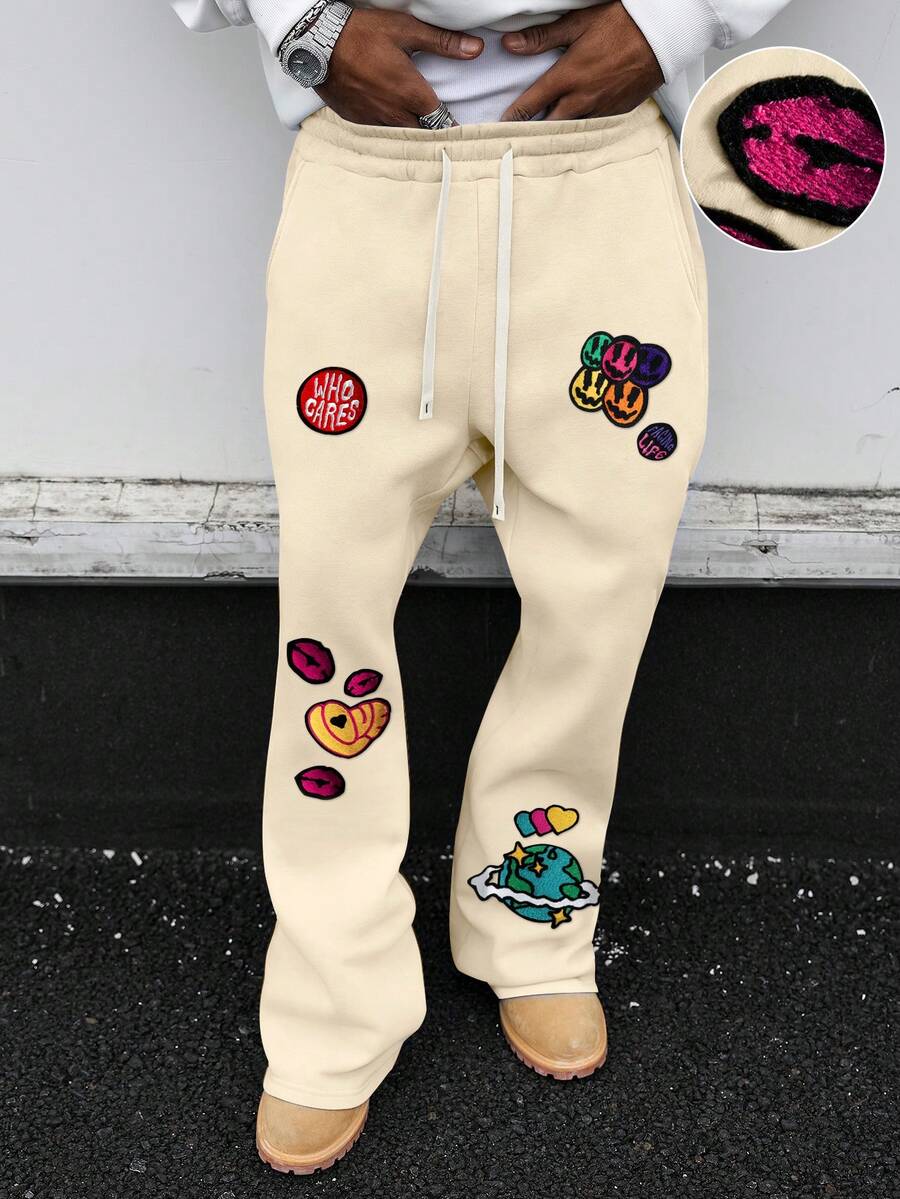 PAVTROS Men's Smiling Face Graphic Drawstring Waist Casual Sweatpants - Apricot - View 1