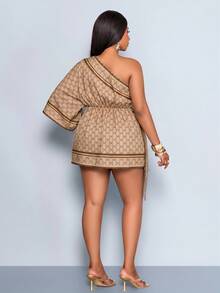 SOLERSUN "Ladies' Plus Size Casual Elegant Asymmetrical Neckline Half Sleeve Bowknot Printed Bat Sleeve Mini Dress, With A Light Luxury Retro Style, Suitable For Daily Commuting, Outings, Quiet Luxury Vacations, Holiday Costumes, Dates And Other Scenes " - Khaki - View 4