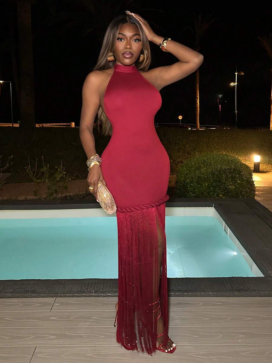 Mariisbox Backless Dress, Sexy & Cute For Date Night, Suitable For Valentine's Day Fringe Dress Dress Red Elegant Summer - Burgundy - View 1