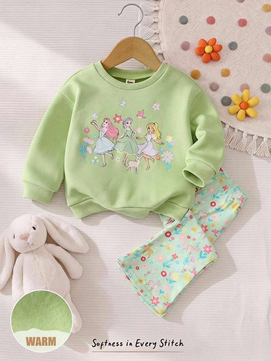 Cozy Pixies 女童嬰兒女孩淺橄欖綠甜美可愛公主風波希米亞花卉小鹿圖案印花休閒舒適柔軟寬鬆圓領長袖衛衣與修身喇叭褲套裝,適合秋冬日常、假日、節慶、公主風、花卉、假日派對、外出 - 薄荷綠 - 查看 1