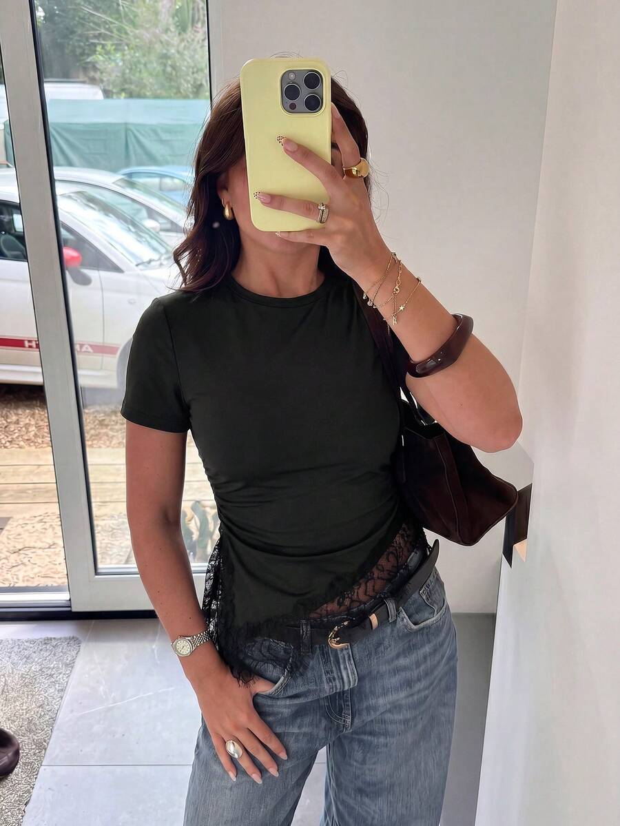 Aloruh 女款優雅休閒度假通勤夜出合身T恤,黑色短袖腰部收腰不對稱蕾絲下擺夏季款 - 黑色 - 查看 1
