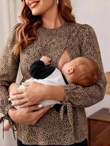 Boho Mama 孕妇休闲哺乳衬衫，孕妇长袖蝴蝶结纽扣衬衫 - 卡其色 - 查看 2