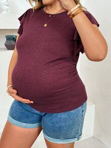 Plussiva Plus Size Maternity Solid Color Casual Versatile Everyday Top Maternity Photoshoot Summer - Burgundy - View 6