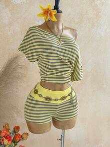 Soleia Plus Size Women's Striped Colorblock Asymmetrical Shoulder Top And Casual Sexy Shorts 2-Piece Set Beach Vacation Yellow Summer - Yellow - View 4