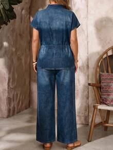 EMERY ROSE EMERY ROSE Set casual in denim da donna taglie forti, due pezzi con camicia monospalla con laccio in vita e pantaloni - Blu - Visualizzare 3