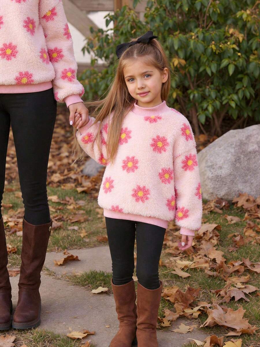 Emery Rose Kids Emery Rose Kids 少女心愛心圖案長袖抓絨冬季運動衫,心形印花套頭衫,休閒可愛運動校園優雅花卉秋季款 - 粉色 - 查看 1