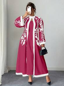 Rometta 大尺碼女款 1件 優雅度假風 印花半高領 喇叭袖 修身長洋裝 - 紅白色 - 查看 6