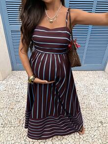 SHEIN Maternity Striped Colorblock Pleated Casual Everyday Outing Spaghetti Strap Dress - Brown - View 2