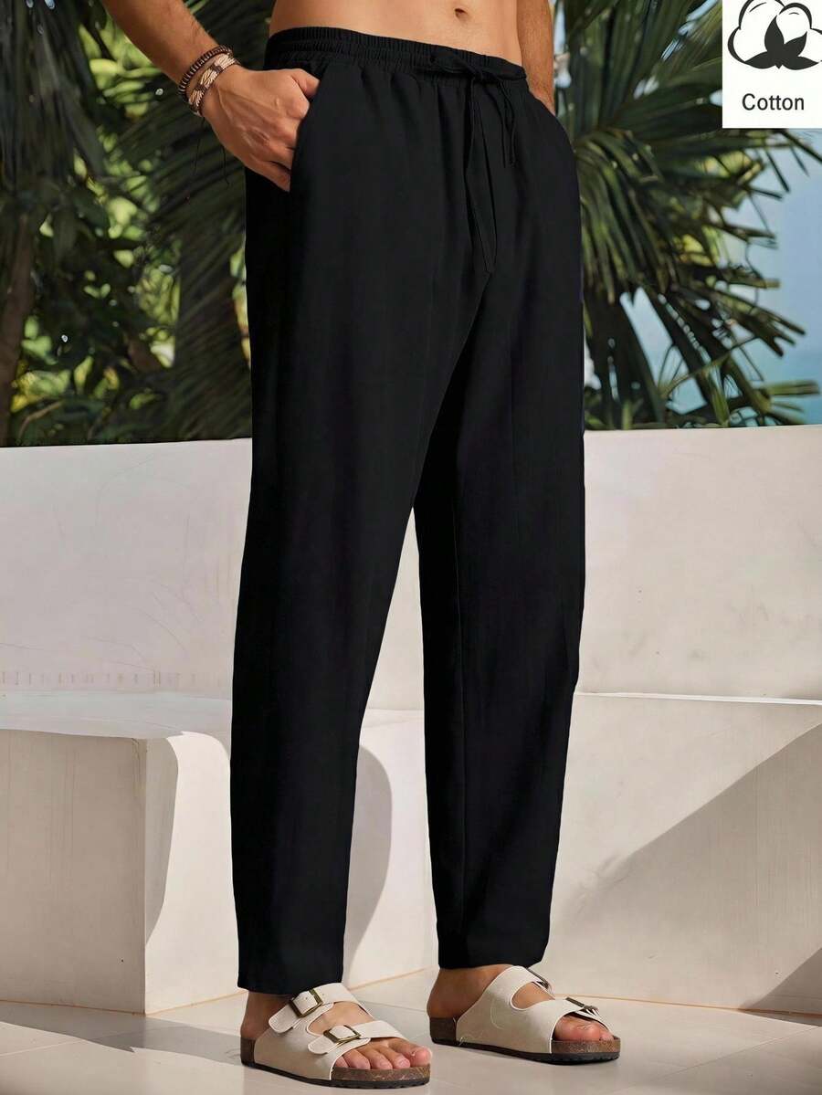 EASEVO Pantalones casuales de talla grande para hombre con cordón en la cintura, bolsillos y corte cónico, unicolor, para vacaciones, regalos del Día del Padre, fútbol - Azul - Ver 1