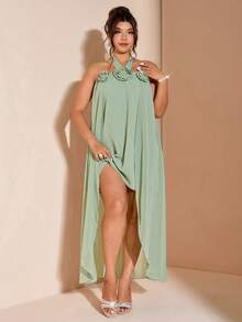 Cravure Women's Chiffon Halter Neck Floral Romantic Elegant Plus Size Solid Color Dress Summer Brown - Green - View 3