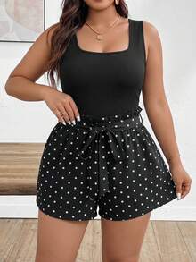 SHEIN Frenchy 两件套休闲简约浪漫复古波点印花大码女式黑色背心+短裤套装，适合夏季、黑色系穿搭、度假。 - 彩色 - 查看 6