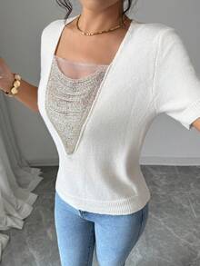 SHEIN Elenzya Women's Spring Summer Autumn Rhinestone Embellished 2 In 1 Knit Short Sleeve Top, Loose Fit, Elegant Commuter, Party Night Out, Deep V-Neck, Off-White - Apricot - View 4