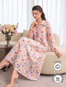 Al Najma Camisa larga de algodón con estampado multicolor y botones en el frente con solapa - Multicolor - Ver 1