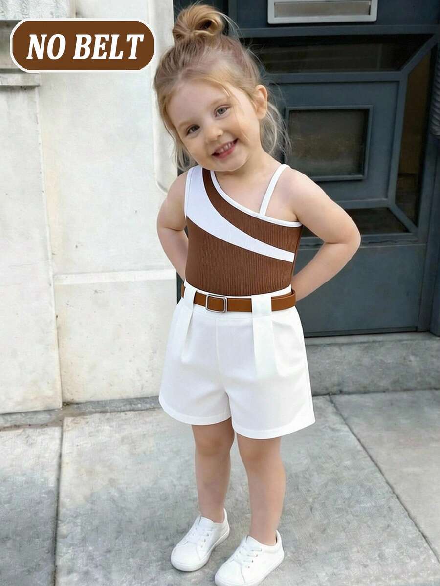 Elladie kids 2 件装婴儿/女婴休闲通勤撞色不对称吊带背心上衣和短裤套装，夏季