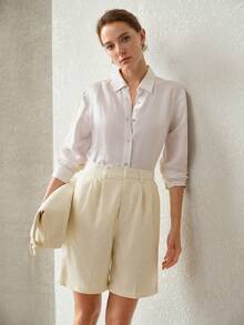 MOTF PREMIUM WOMEN'S ELEGANT COMMUTE COTTON LINEN SHORTS - Beige - View 7