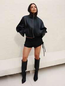 Maju Mazalli High Neck Cinched Waist Zip Front Faux Leather Jacket Cropped Jacket Fashion Streetwear Black - Black - View 3