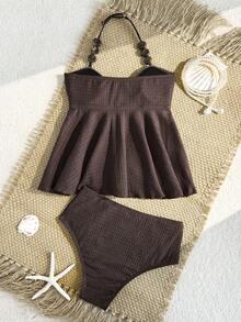 SHEIN Tween Girl Solid Color Metal Decor Halter Neck Tie Tankini And Triangle Bottoms Two-Piece Swimsuit Set Suitable For Summer Vacation Beach - Brown - View 2