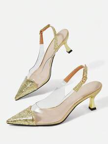 CUCCOO HITCHD Women's Red Pointed Toe Splicing Transparent High Heel Pumps Spring Shoes Spring Break Easter Prom Heels For Christmas Valentine's Day - Gold Dust Gold - View 12
