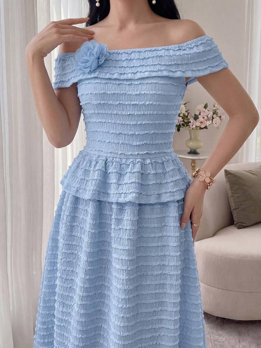 Feyla Women's 3D Flower Decor Off-Shoulder Elegant Romantic Midi Dress Tea Party Baby Blue Summer