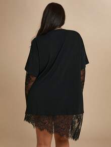 SHEIN BAE CURVE (NO Dress)Plus Size Women's Black Lace Patchwork Top,Everyday Casual T-Shirt,Autumn Solid Color Asymmetrical Hem T-Shirt,Spring & Summer ,Black Top - Black - View 2