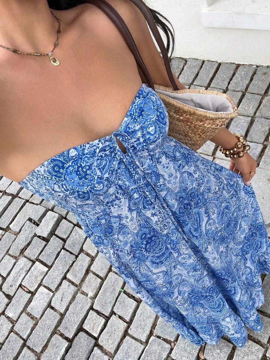 Sunnyshic Women's Elegant Printed Strapless Dress - Medium Wash - View 1