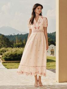 MOTF PREMIUM WOMEN'S ELEGANT VACATION PLACEMENT PRINT DRESS - Beige - View 3