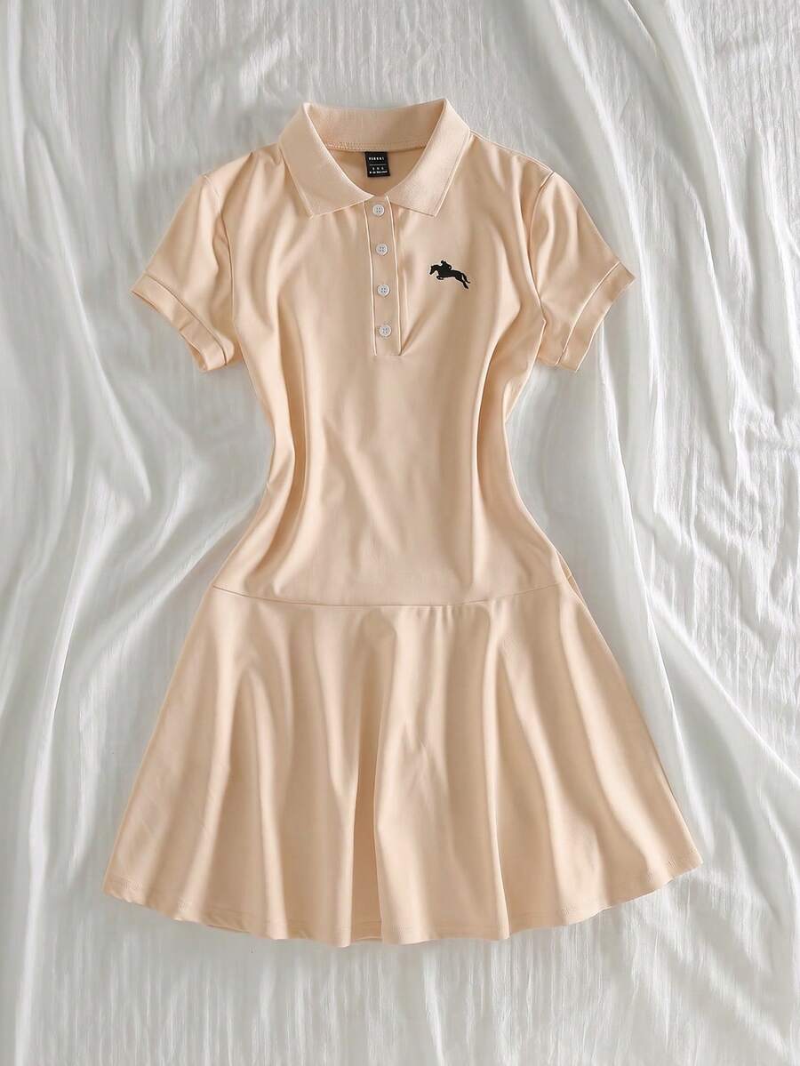 Elamini 女款 Polo 領休閒馬術印花短袖洋裝 - 香檳色 - 查看 1