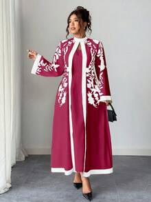 Rometta 大尺碼女款 1件 優雅度假風 印花半高領 喇叭袖 修身長洋裝 - 紅白色 - 查看 9