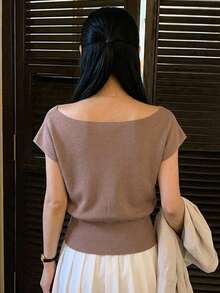 DAZY 女款素色單肩短袖休閒針織上衣 - 卡其色 - 查看 5