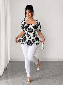 Elenzga Blusa elegante casual versátil para mujer talla grande, manga abullonada, cuello cuadrado, cintura ceñida, para vacaciones y salidas, nueva primavera/verano - Multicolor - Ver 4