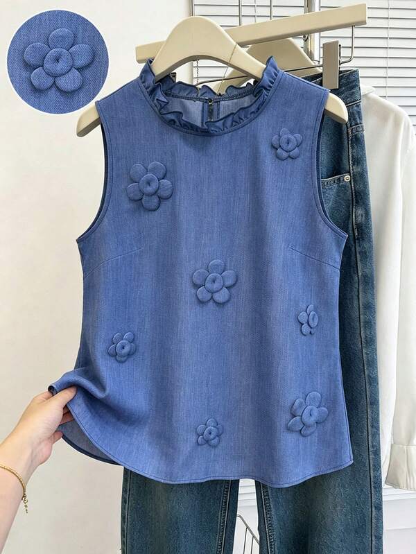 SHEIN Franclia Wood Ear Trim Stand Collar Denim Sleeveless Top
