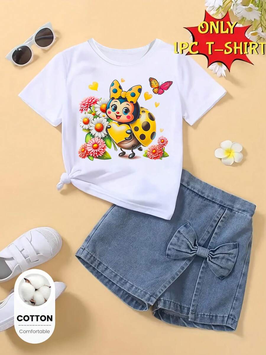 Baby Girl Cute Cartoon Yellow Ladybug Flower Heart Butterfly Polka Dot Bow Pattern Printed Basic Traceable Cotton White Short T-Shirt, Daily Wear