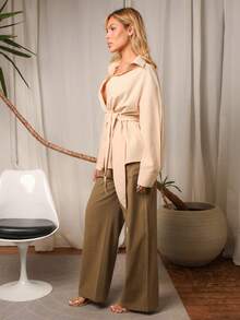 Victoria Miranda Casual Plain Color Low Waist Loose Straight Pants - Army Green - View 4