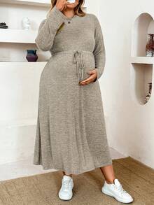 Plussiva Plus Size Maternity Casual Drawstring Waist Dress Fall - Grey - View 3